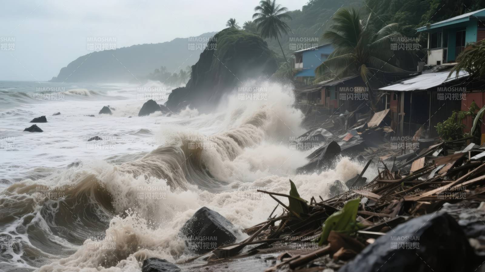 海浪冲击海岸村落图片