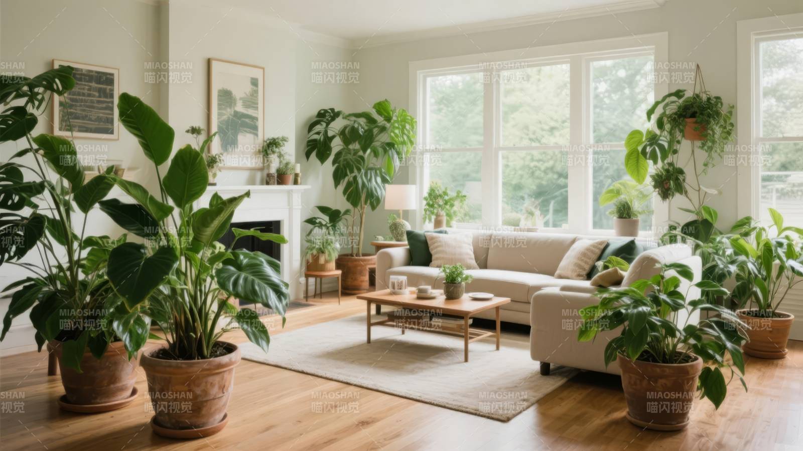 绿植环绕的温馨客厅图片