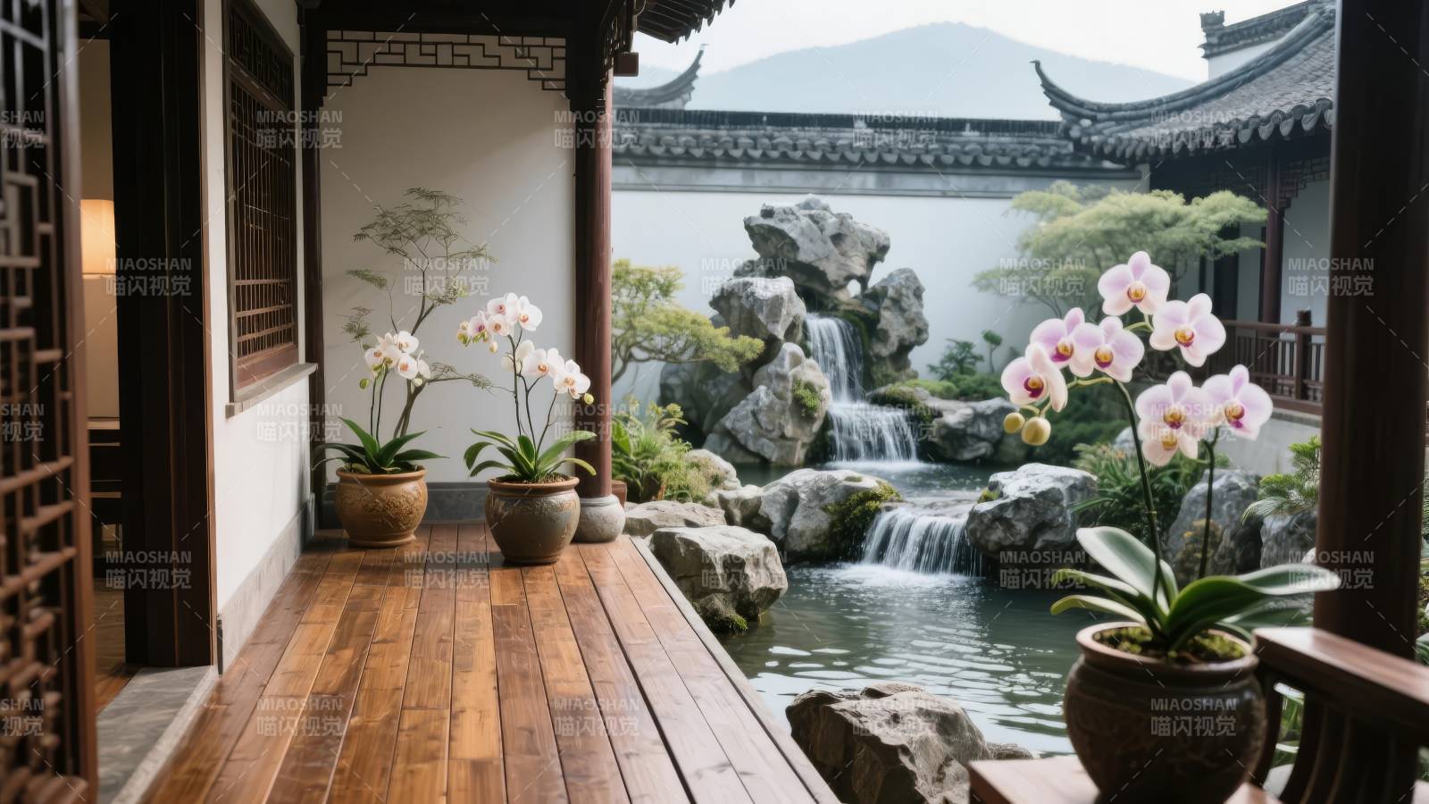 庭院流水花香图片