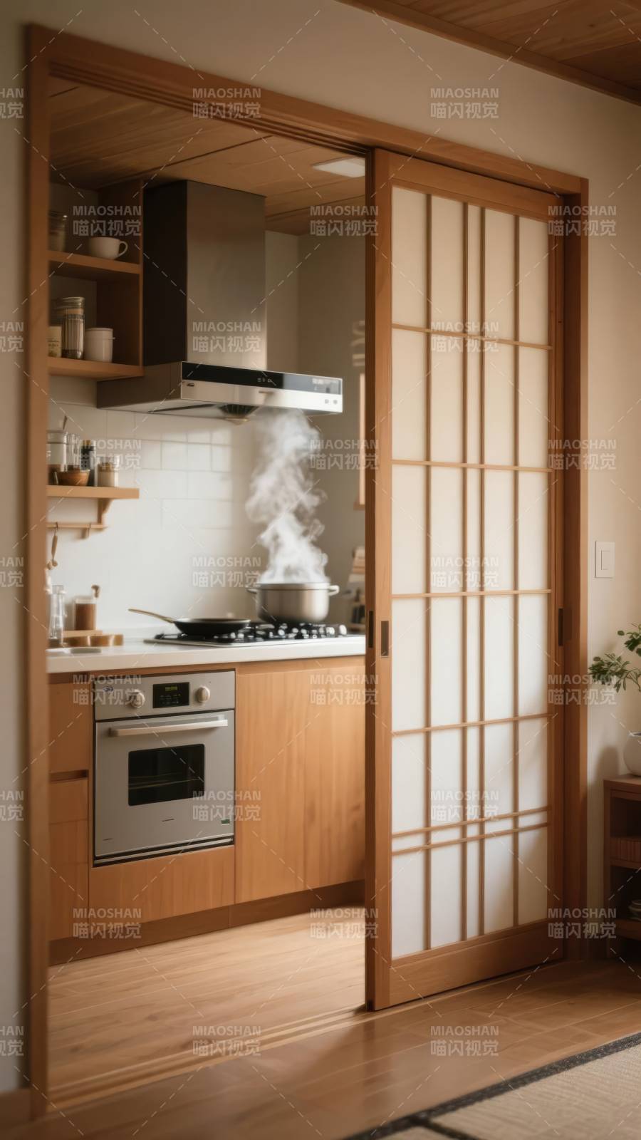 日式厨房蒸腾烟火图片