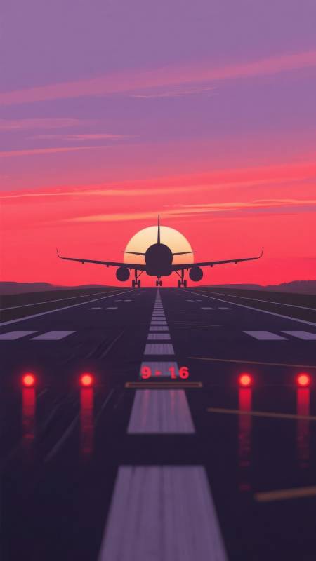 日落跑道上的飞机图片