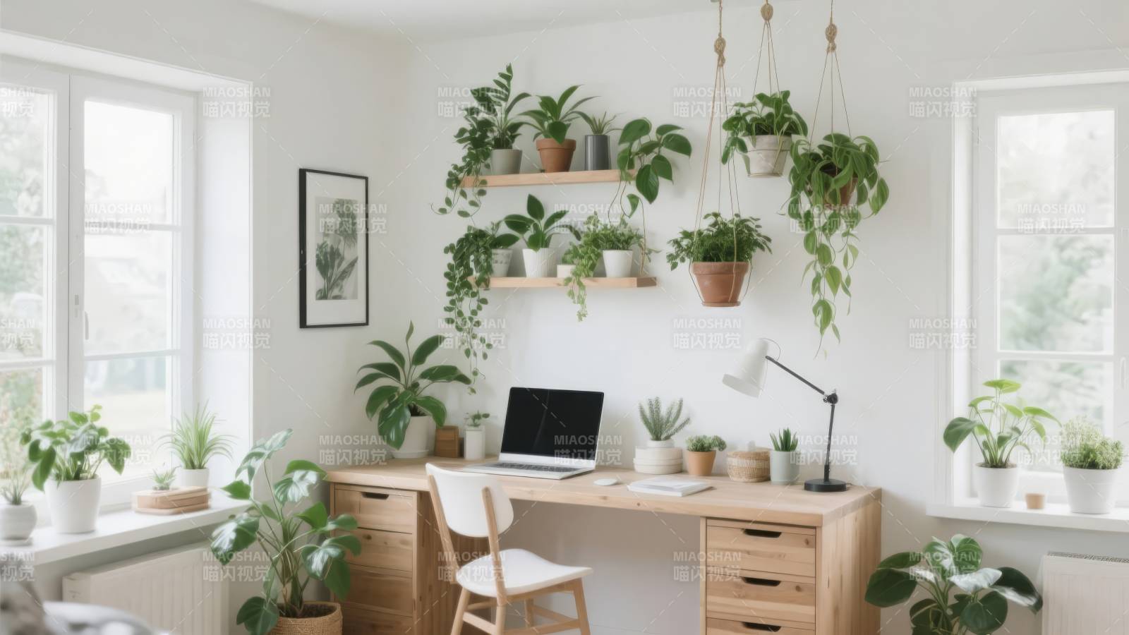 绿植环绕的温馨书桌图片