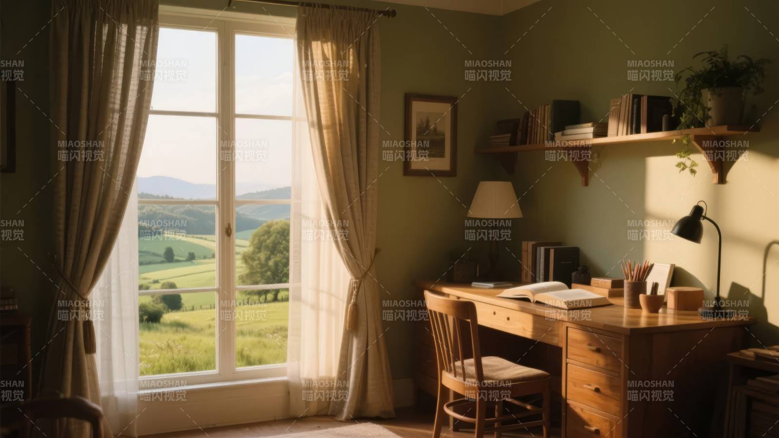 窗边书桌静谧时光图片