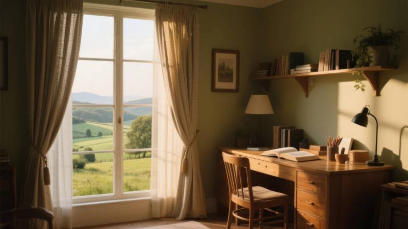 窗边书桌静谧时光图片