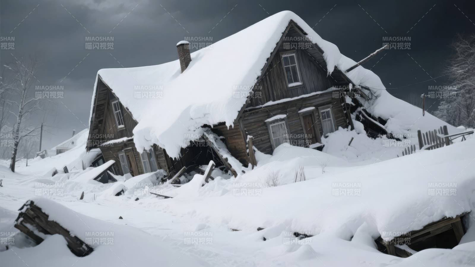 雪掩木屋图片