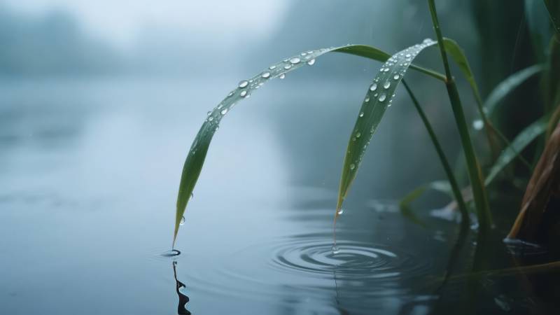 雨滴轻落湖面图片