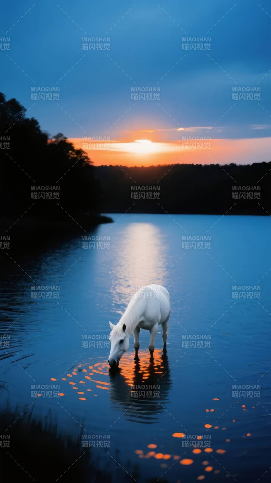 白驹饮湖 夕照如金图片