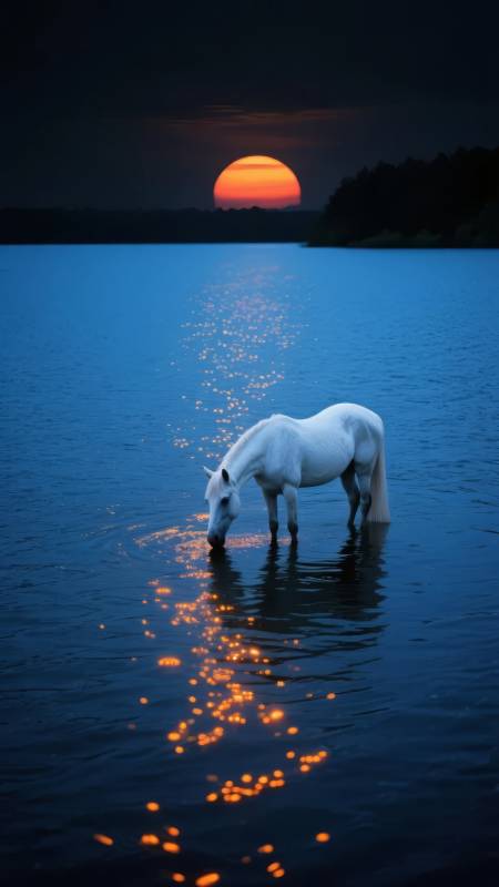 月下白驹饮湖光图片