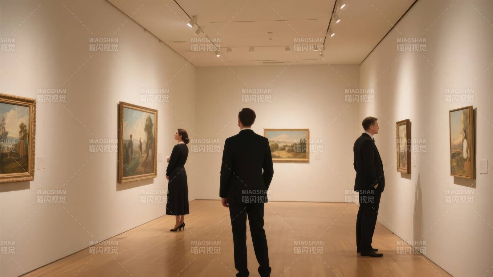 美术馆内观画者图片