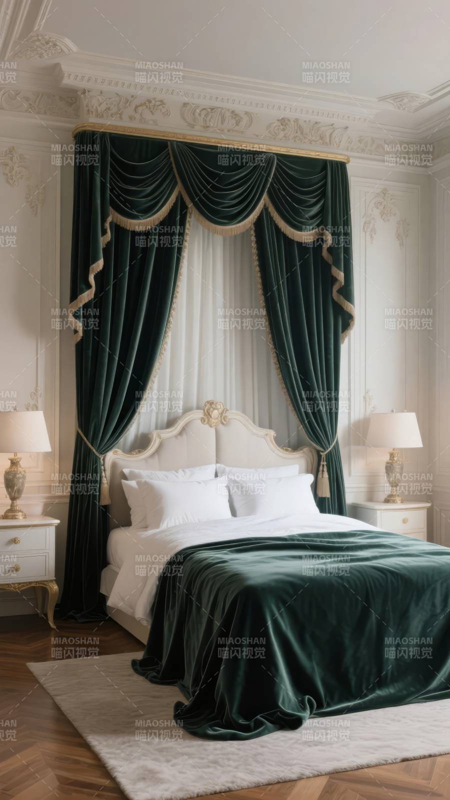 奢华卧室 绿绒帷幔图片