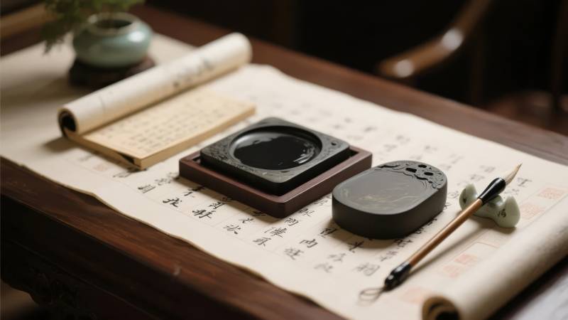 文房四宝静置案上图片