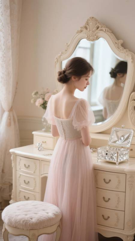 粉裙少女镜前梳妆图片