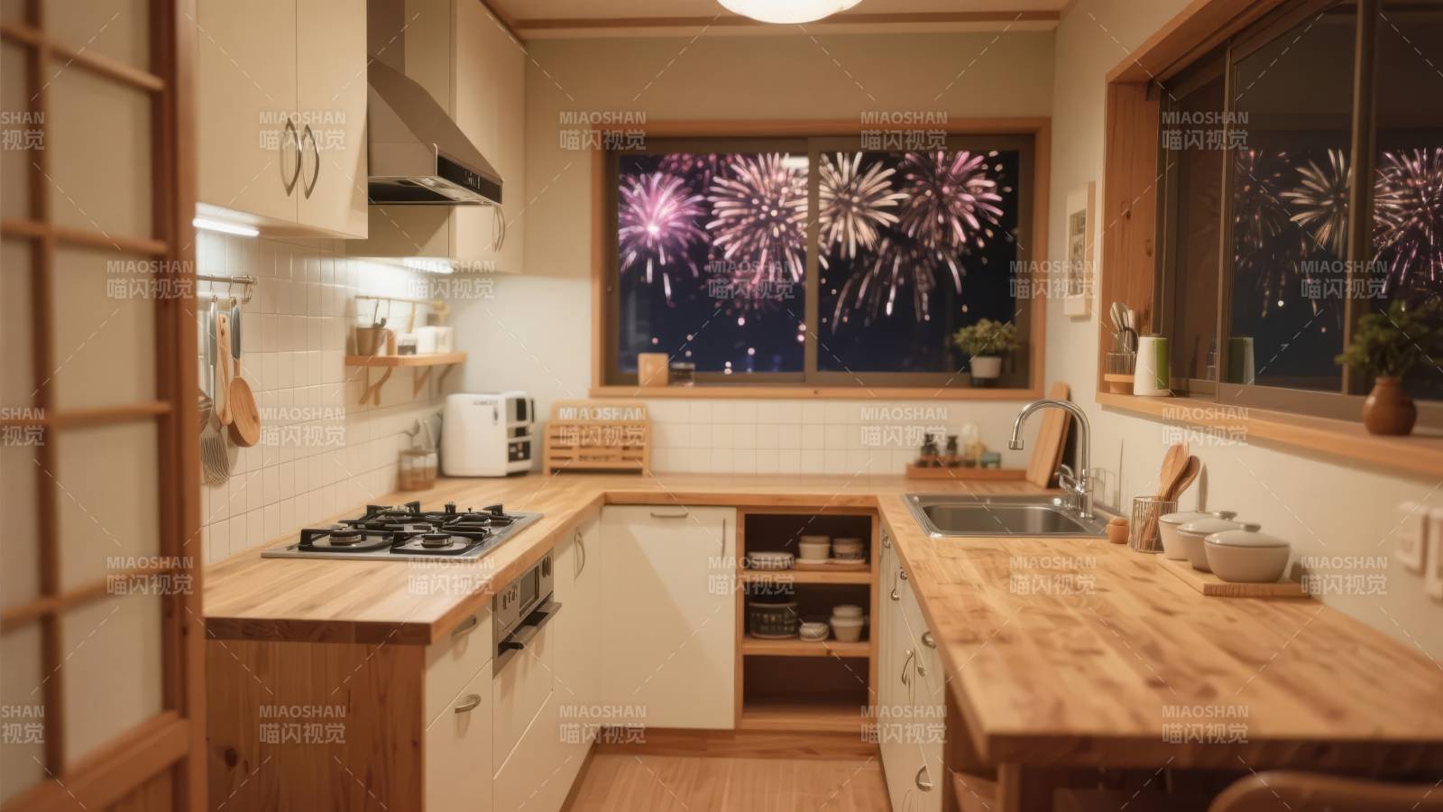 厨房夜景烟花绽放图片