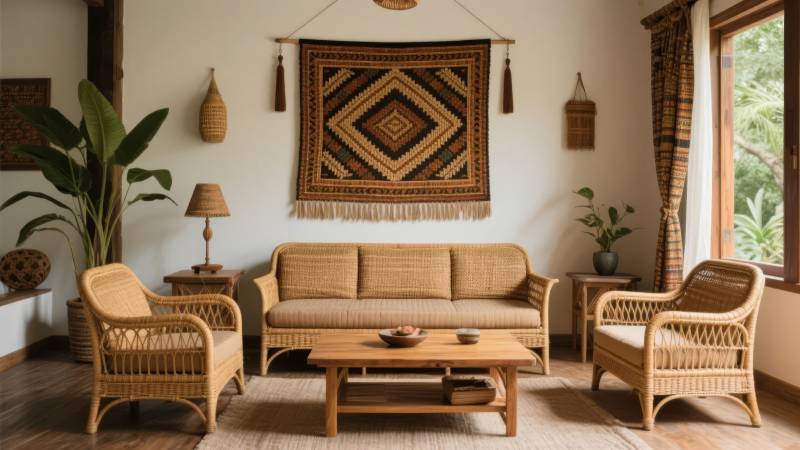 温馨藤编客厅一角图片