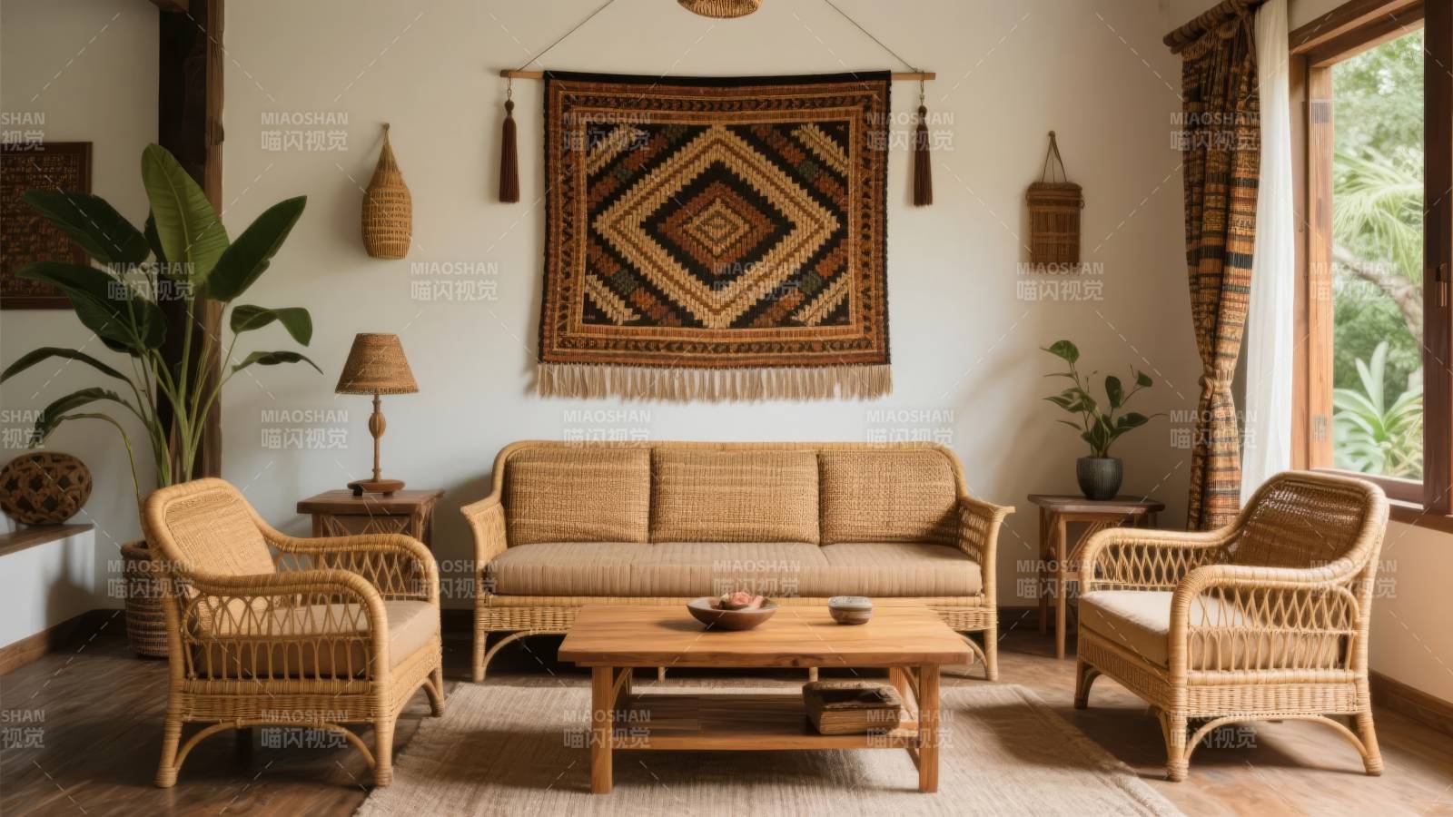 温馨藤编客厅一角图片