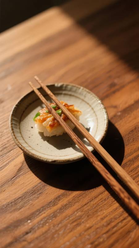 木桌上的寿司与筷子图片