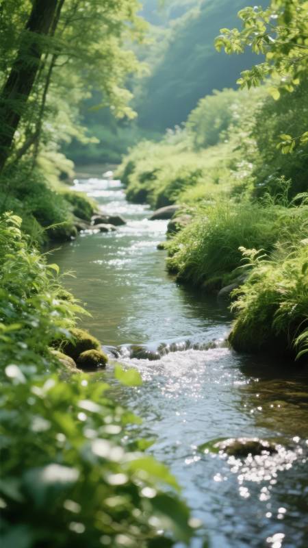 溪流绿意盎然图片