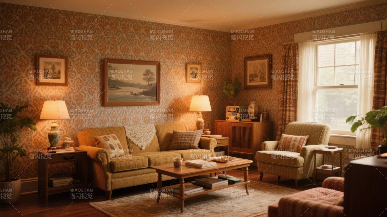 温馨复古客厅一角图片