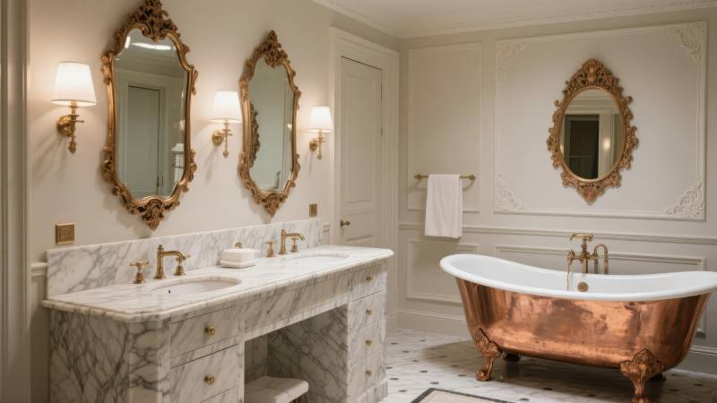 奢华浴室 铜浴缸与大理石台面图片