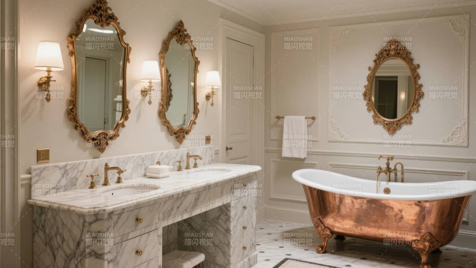 奢华浴室 铜浴缸与大理石台面图片