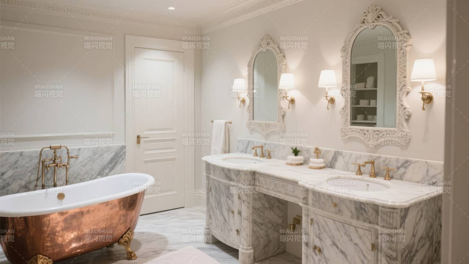 奢华浴室 铜浴缸与大理石台面图片