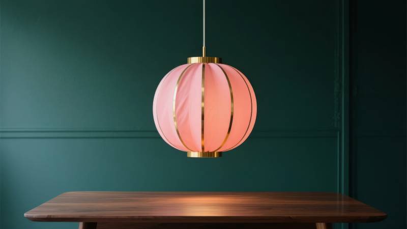 粉红吊灯悬于木桌图片