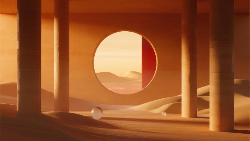 沙漠圆窗日落景图片