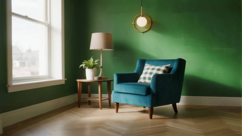 绿墙蓝椅静谧角落图片