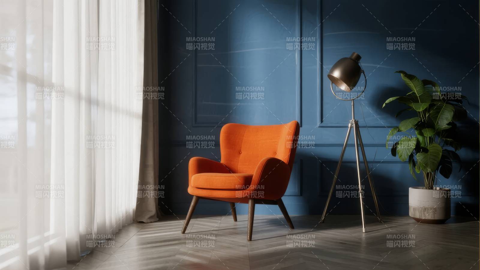 橙椅蓝墙静谧角落图片