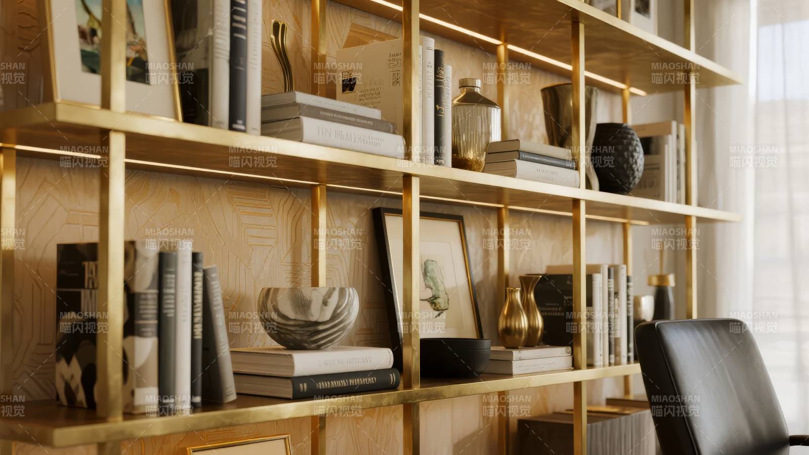 金色书架雅致书房图片