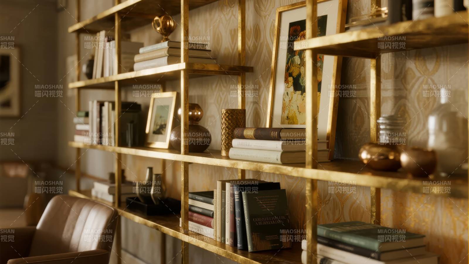 金色书架雅室一角图片