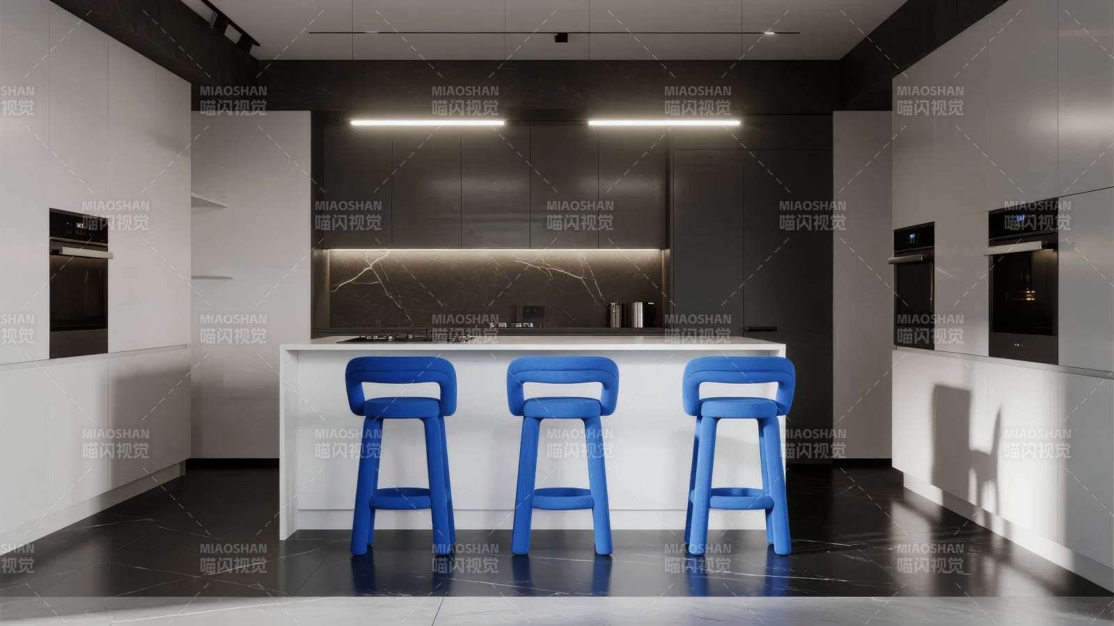 现代厨房蓝凳点缀图片