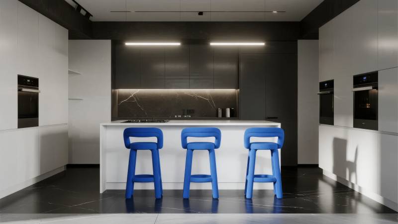 现代厨房蓝凳点缀图片