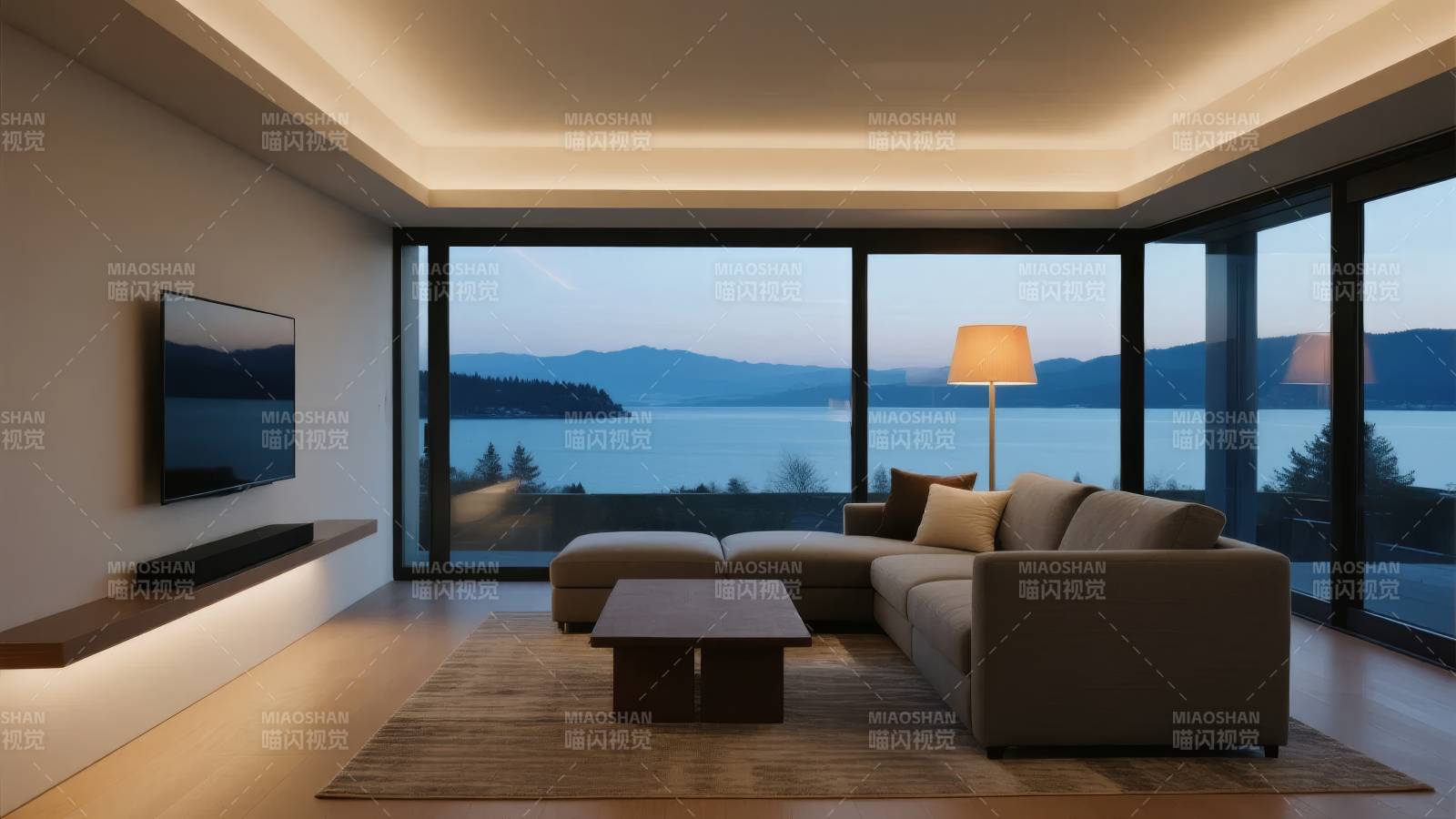 湖景客厅夜景图片