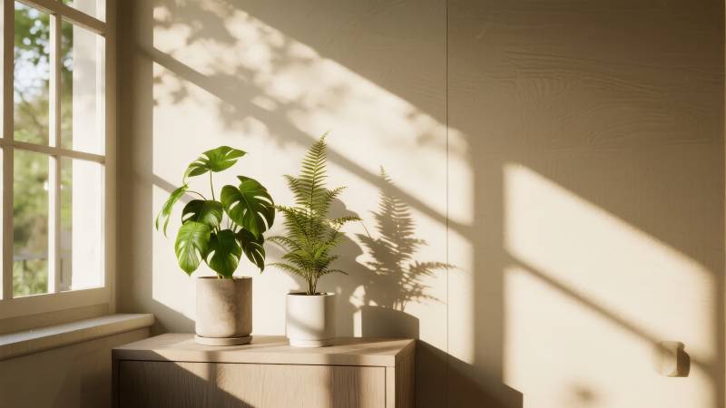 窗边绿植光影图片