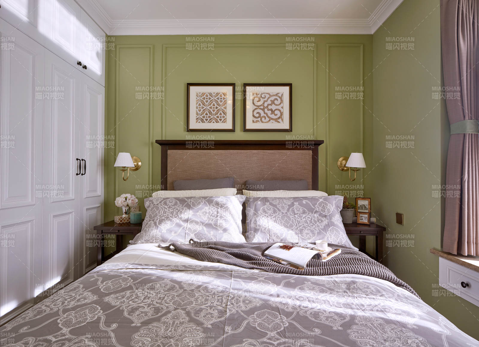 雅致卧室 绿墙温馨图片