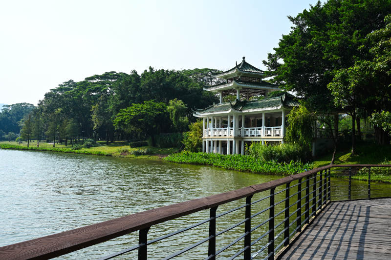 阳光下湖边中式楼阁与木质栈道景观图片