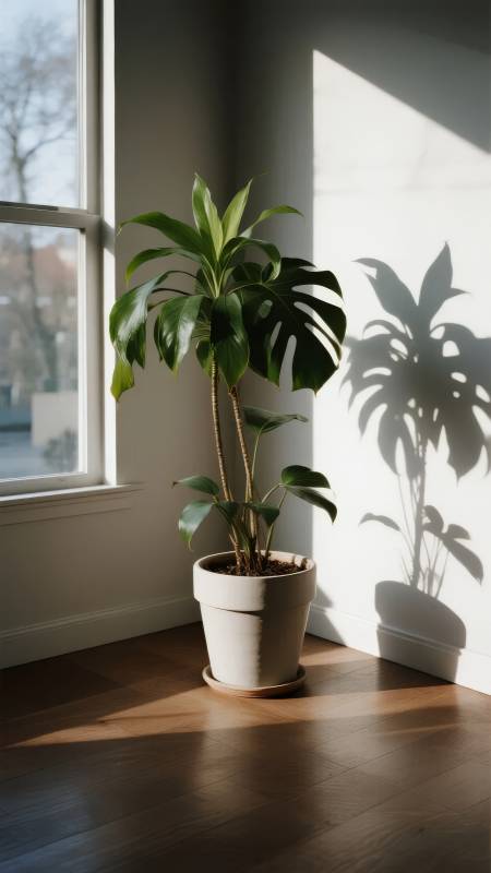 窗边绿植光影图片