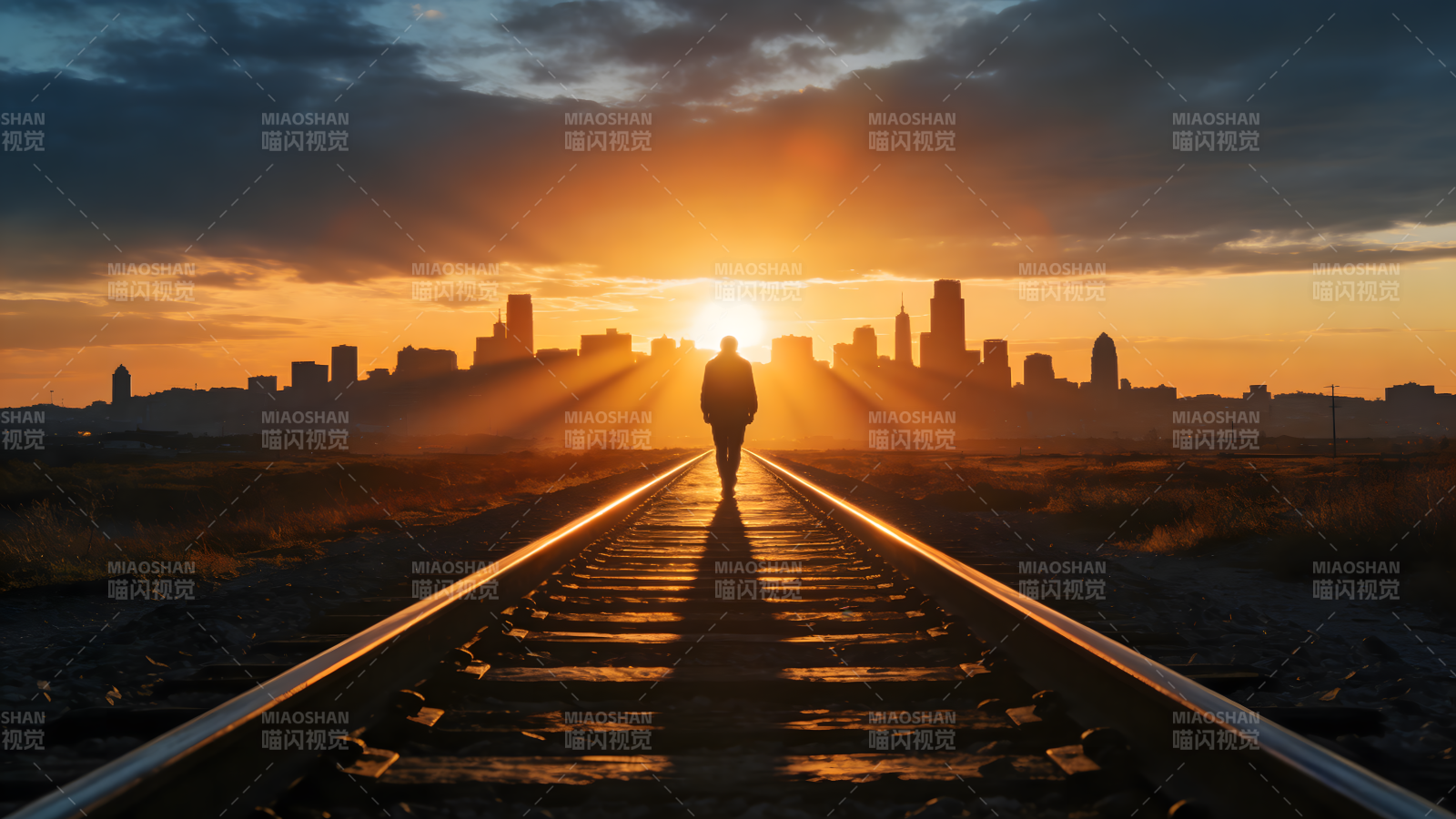 夕阳下的铁轨行者图片