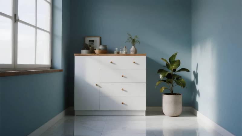 蓝墙白柜绿植光影图片