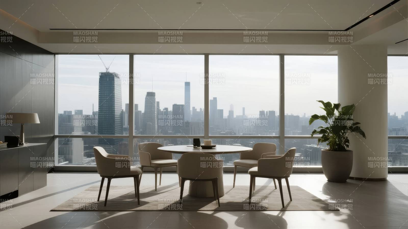 城市天际线下的现代客厅图片