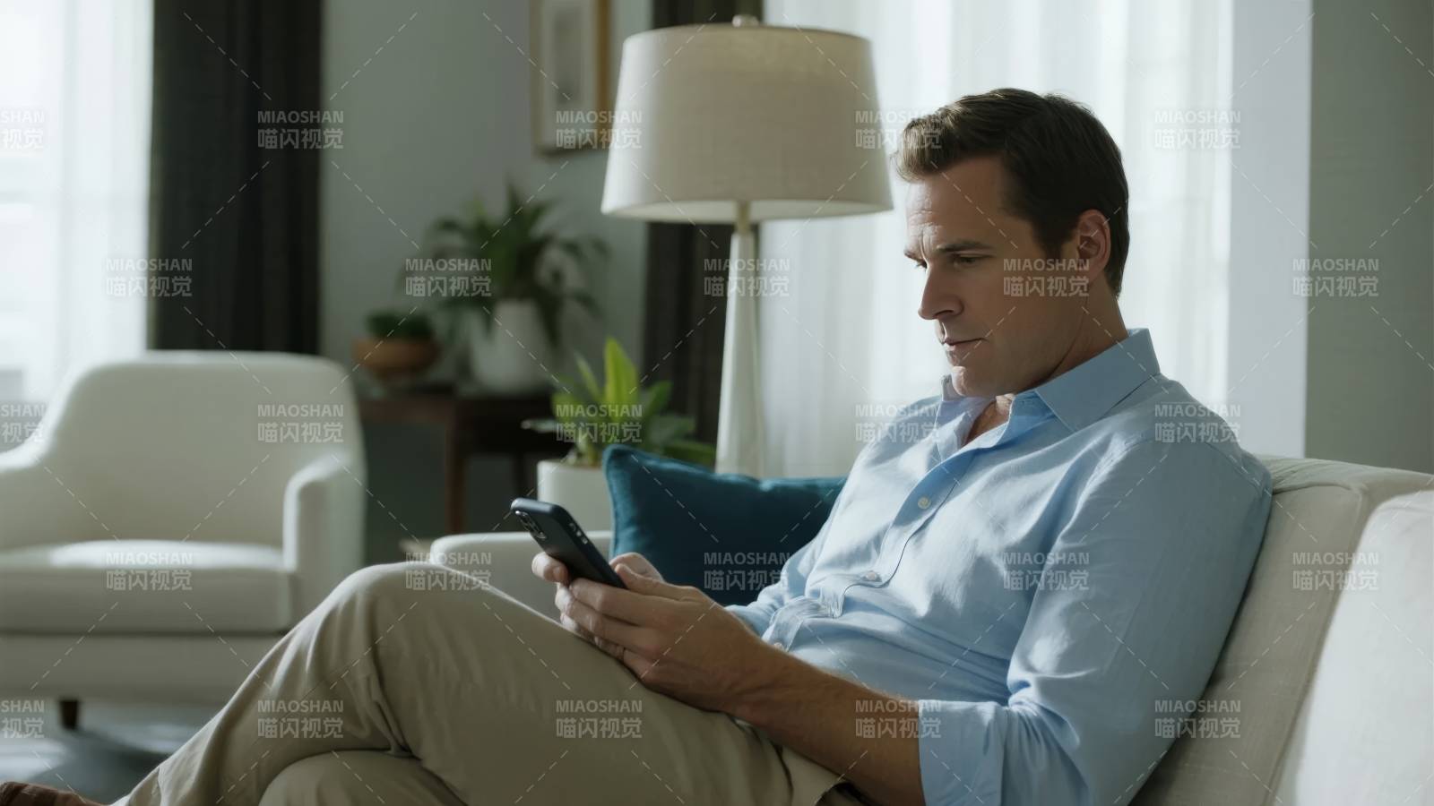 男子沙发上看手机图片