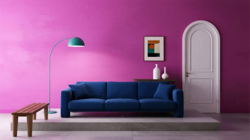 紫墙蓝沙发客厅图片