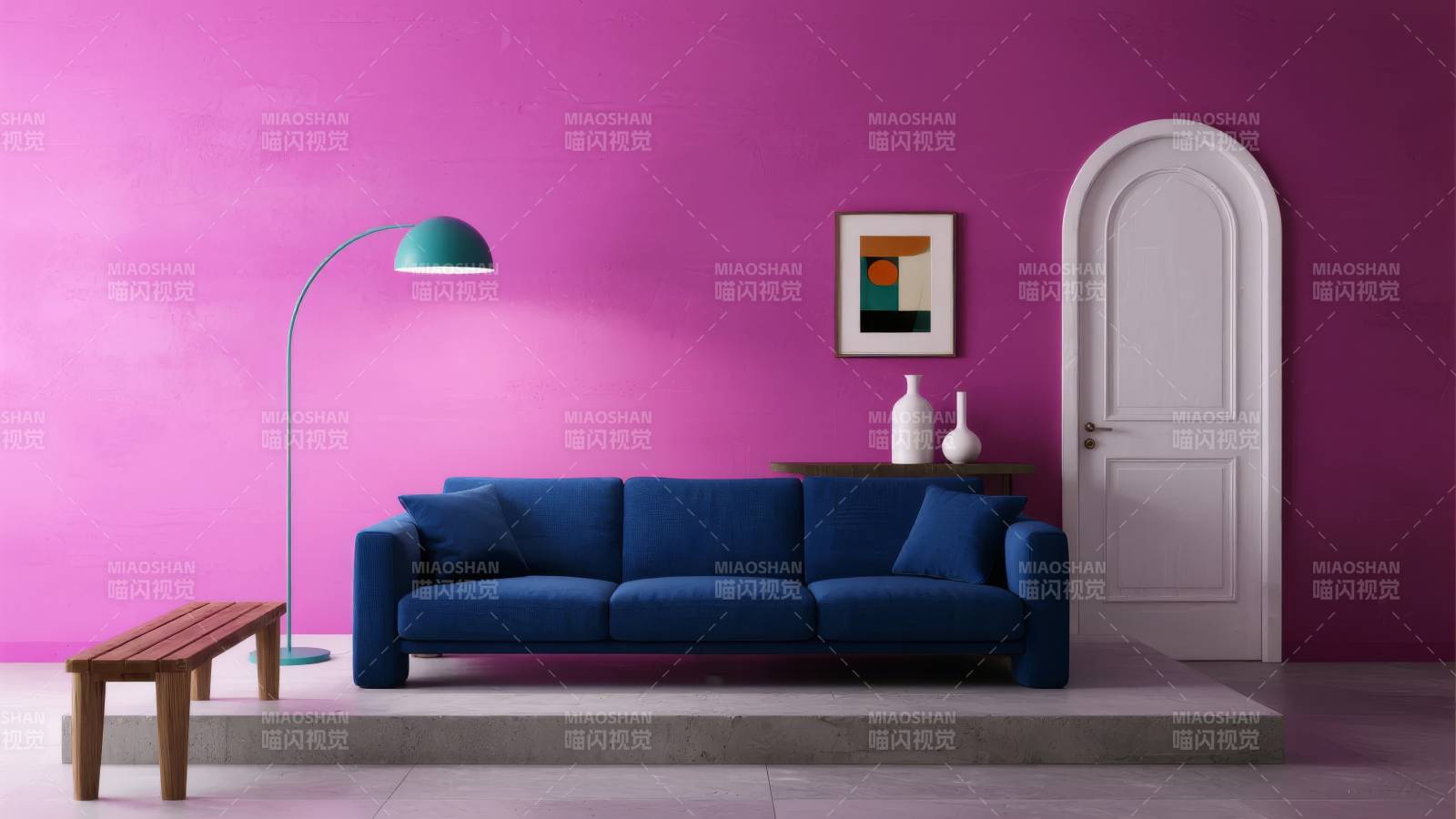 紫墙蓝沙发客厅图片