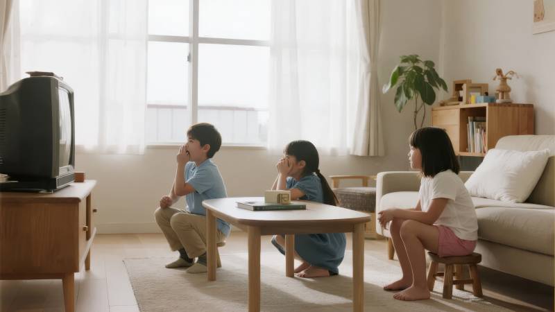 三孩客厅看电视图片
