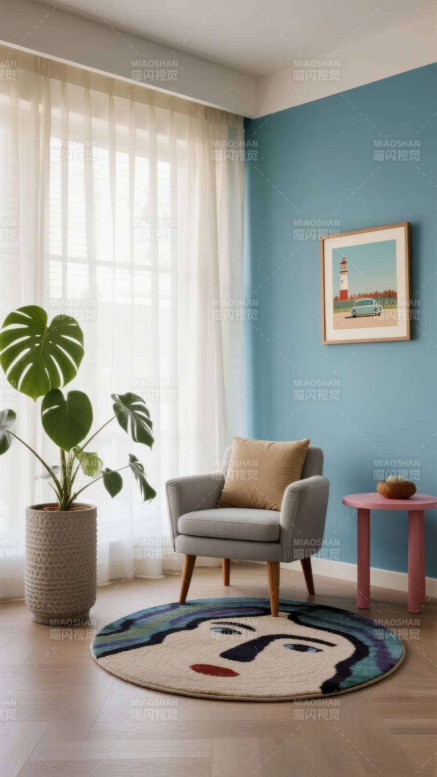 蓝墙绿植休闲角图片