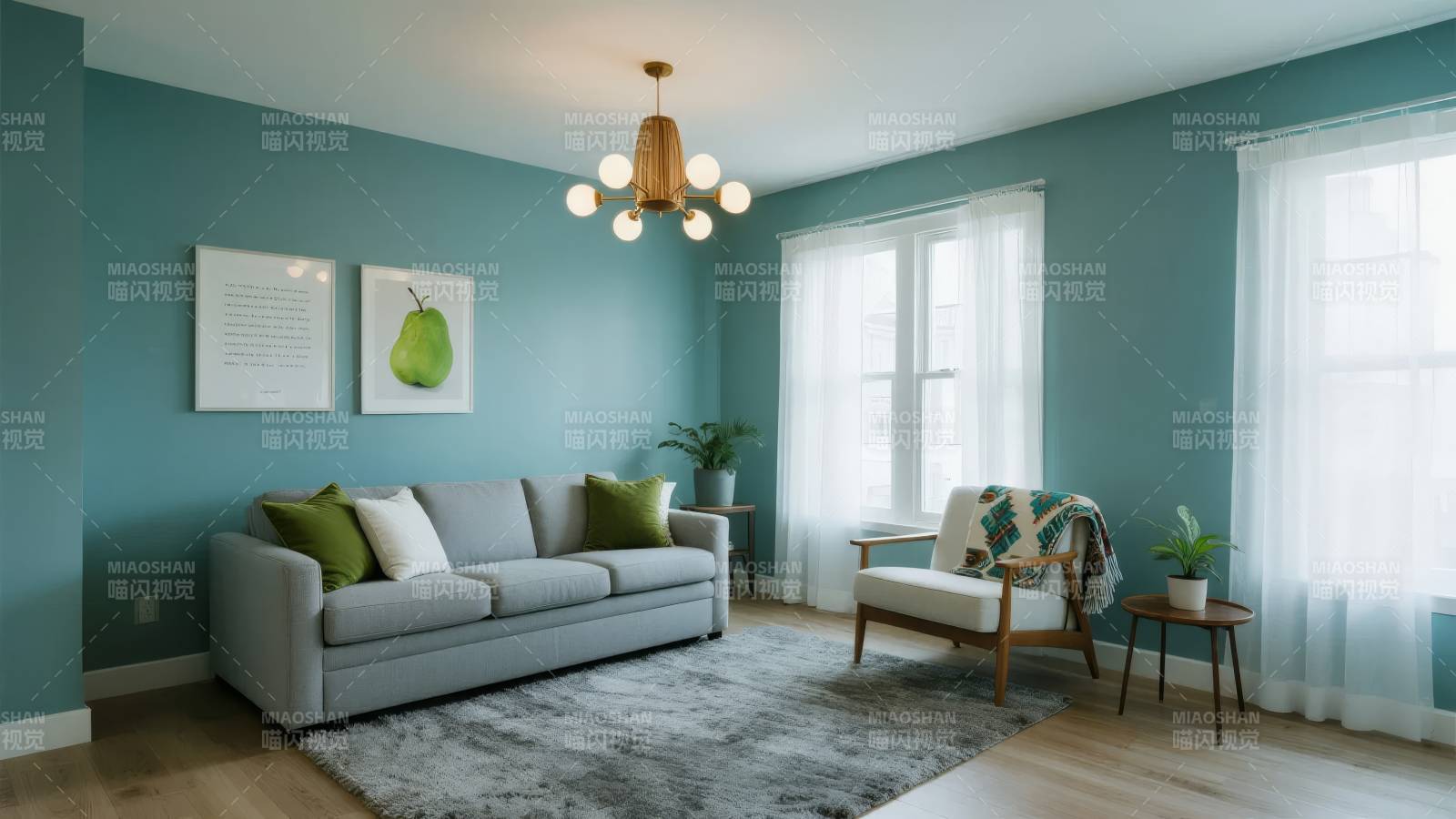 清新蓝绿客厅布置图片