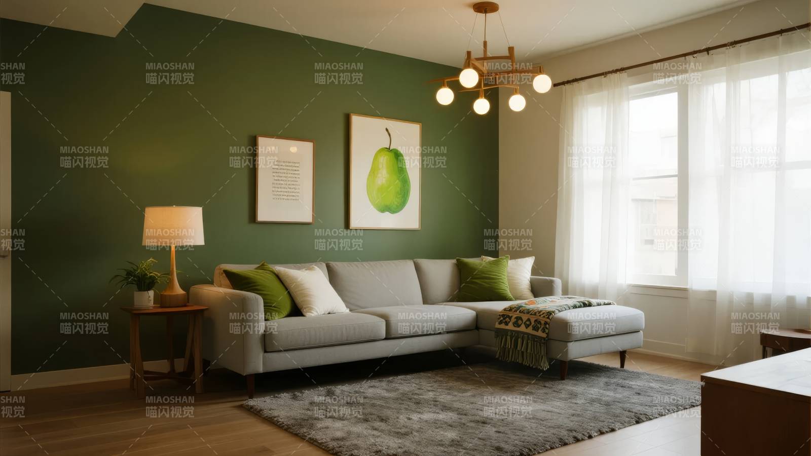 绿墙客厅温馨布置图片