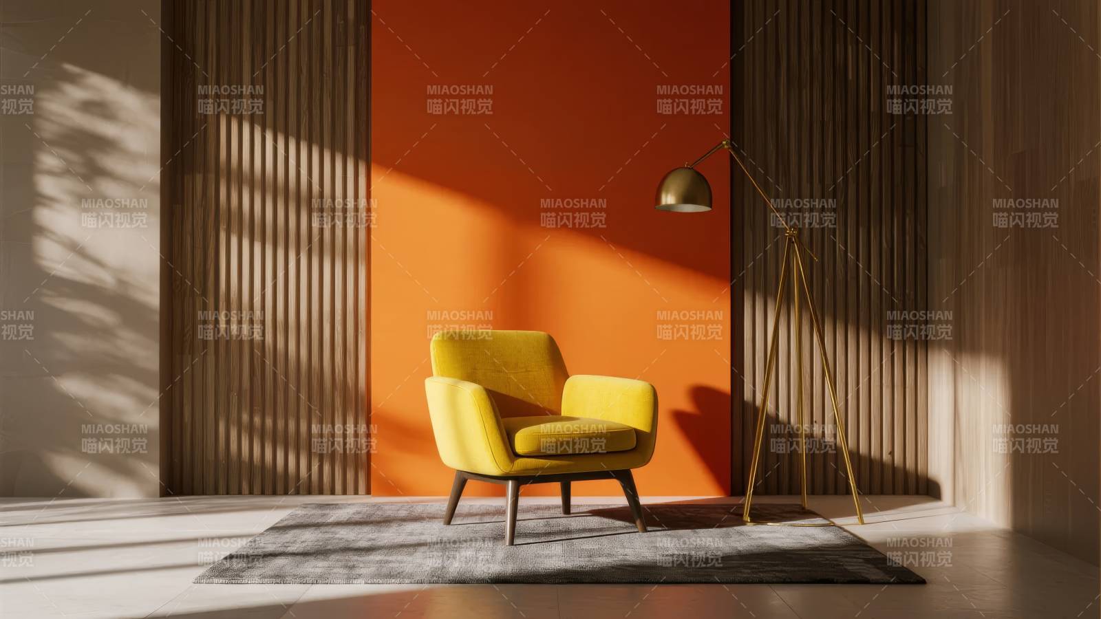 橙色墙边的黄色沙发图片