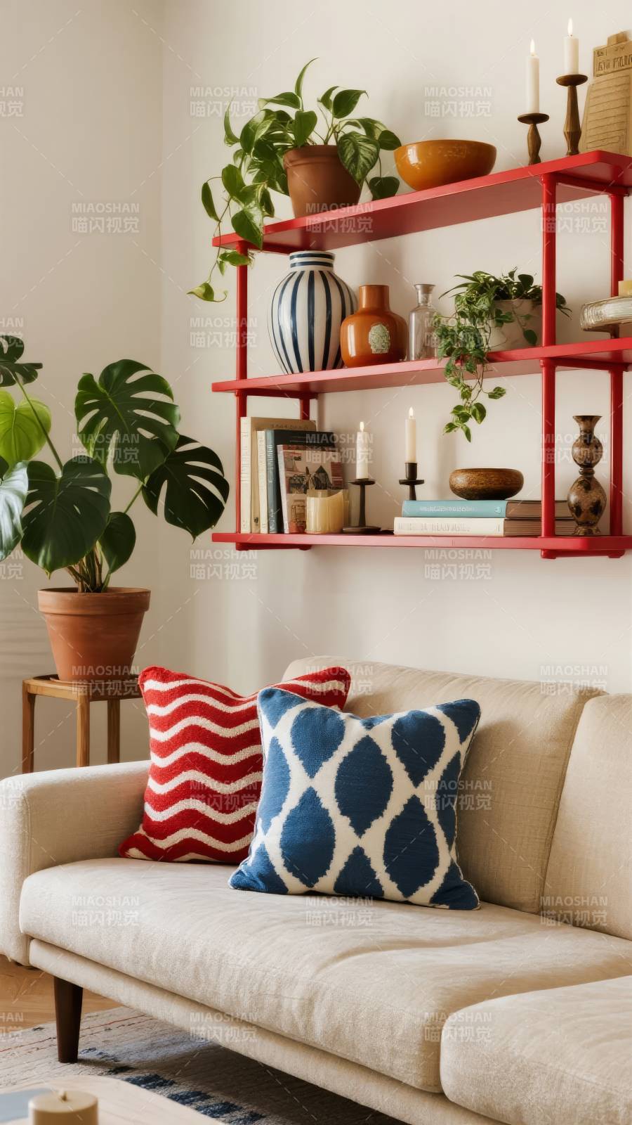 红架绿植沙发一角图片